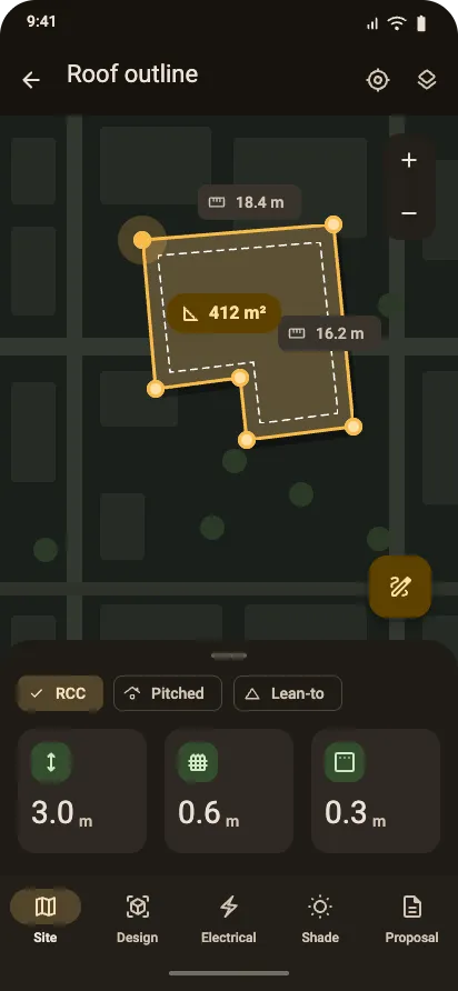 Site & roof screen of the Powertrip mobile app