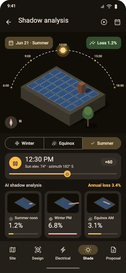 Sun & shadow screen of the Powertrip mobile app
